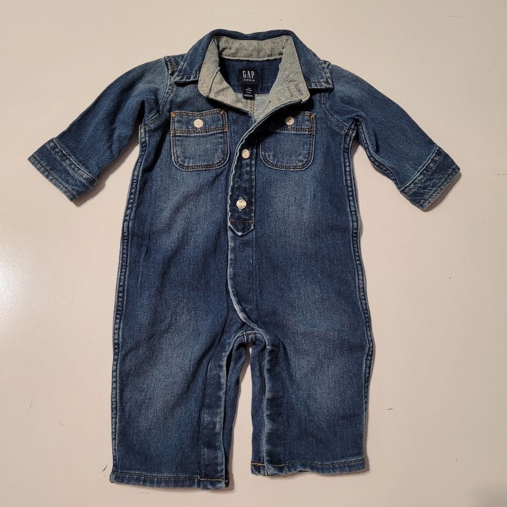 GAP DENIM BLUE JUMPSUIT ONE PIECE COVERALLS 3-6 MO BABY
